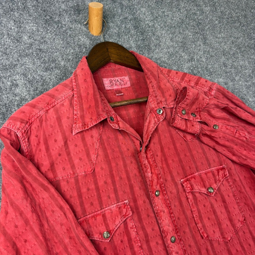 Ryan Michael Mens Large Red Silk Cotton Western Snap Long Sleeve Striped Shirt